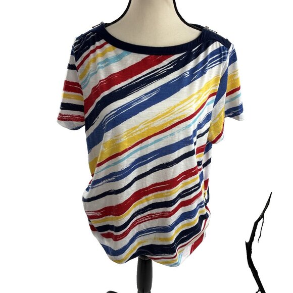 Alfred Dunner Top Womens M Multicolor Stripe Short Sleeve Casual Blouse - Picture 1 of 7